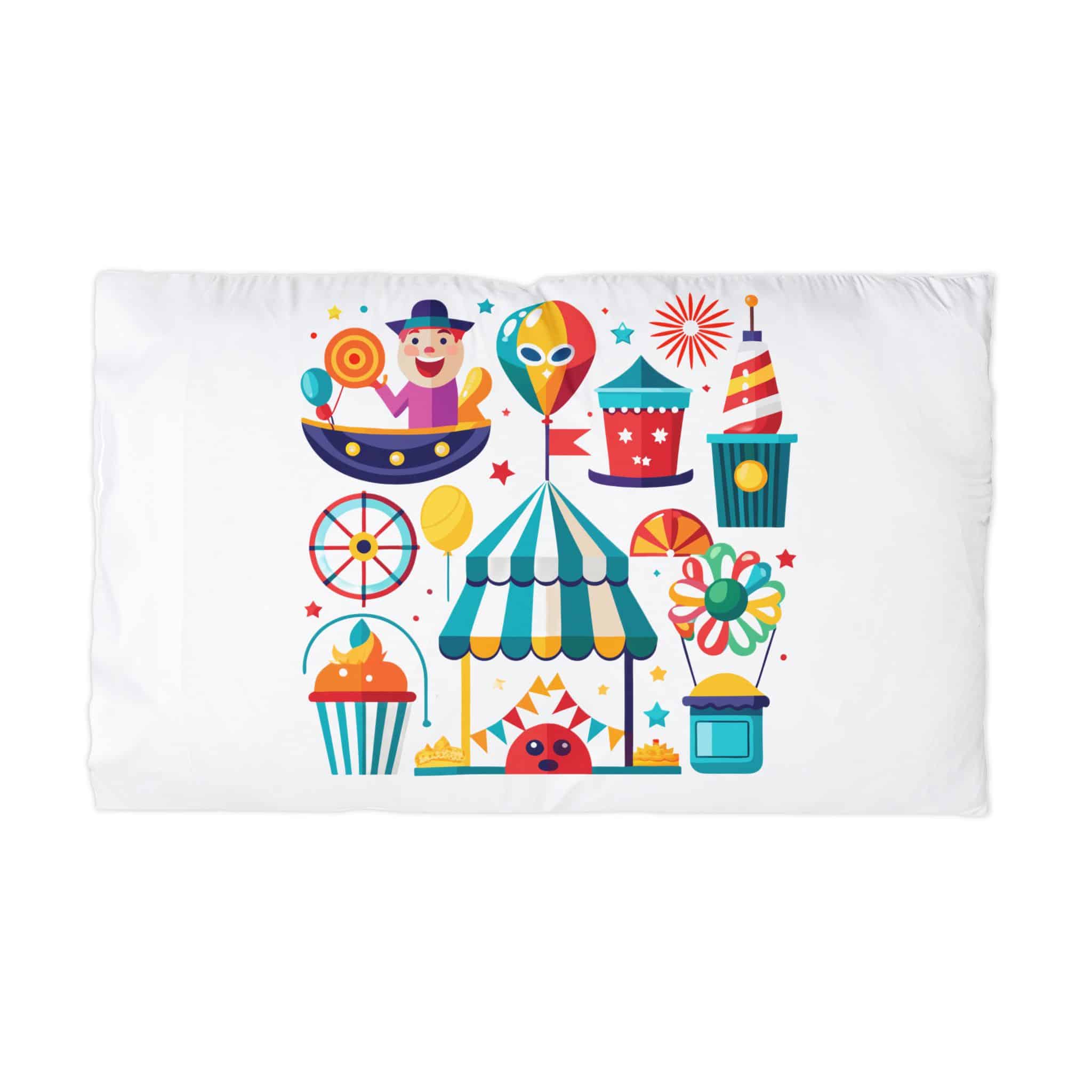 Colorful Cartoon Illustration Various Carnival Circus Elements Including Clown Ferris Wheel Tent Bal Microfiber Pillowcase