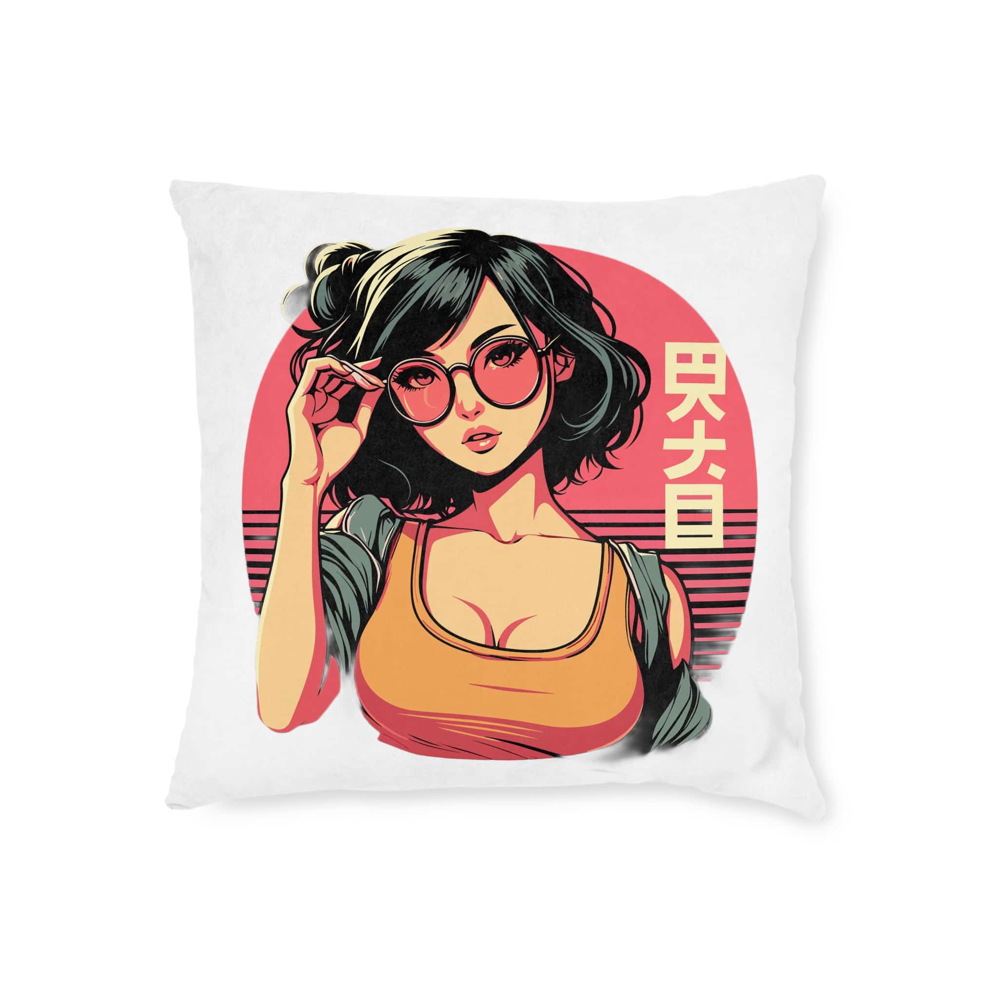 Stylish Lofi Girl Wearing Sunglasses Square Pillow Pink Back - Image 5