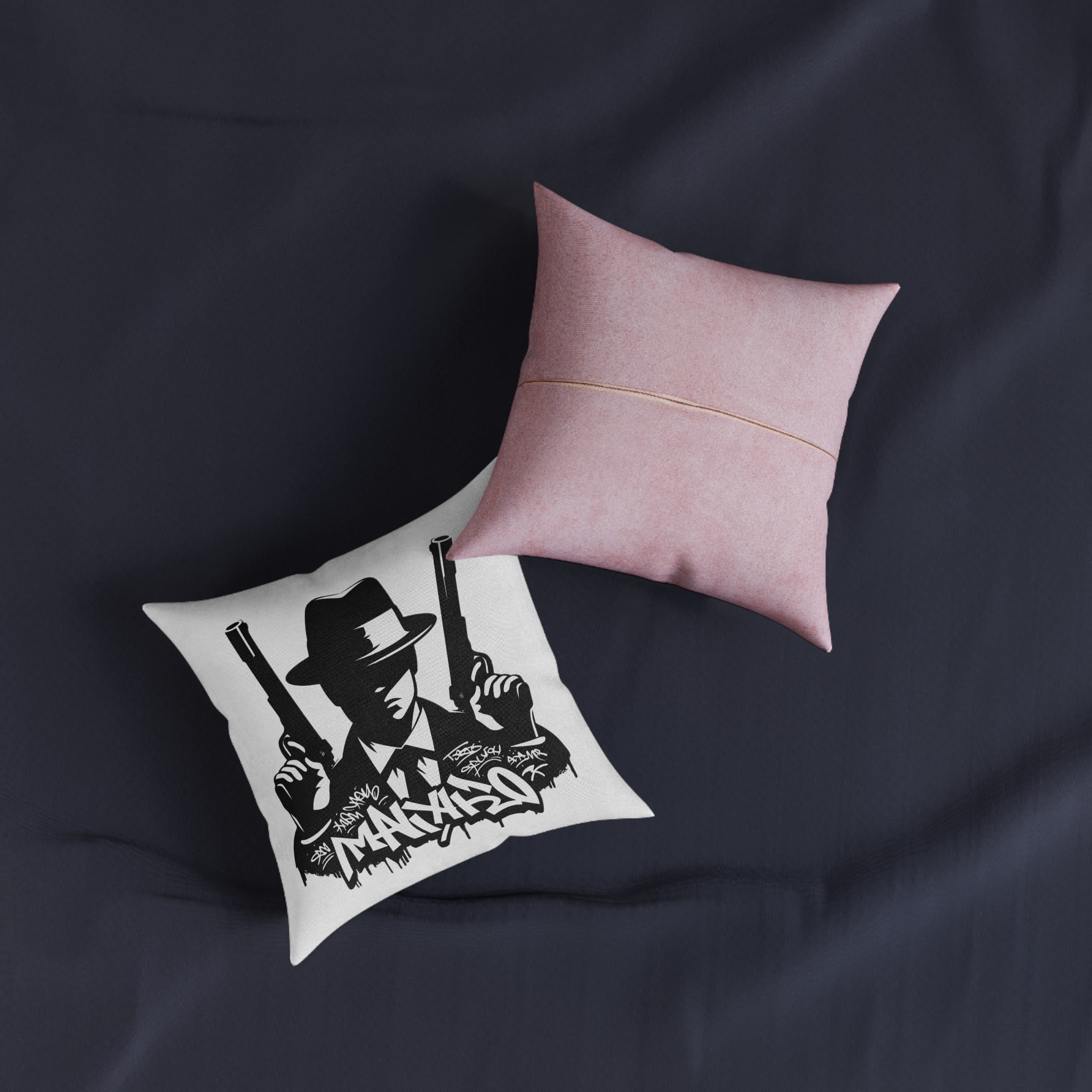 Mafia Gangster Silhouette People Graffiti Tag Hip Hop Street Art Typography Illustration Square Pillow Pink Back - Image 3
