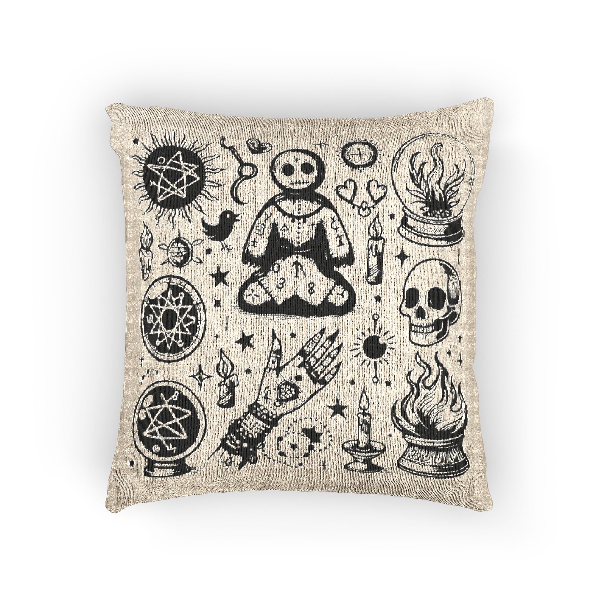 Set of Hand Drawn S of Voodoo Doll Crystal Ball and Clairvoyance Magic and Mystery Woven Pillow