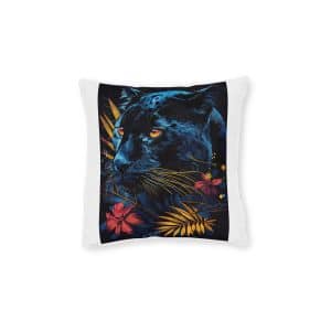 Black Panther Head With Tropical Flowers Leaves Vector Illustration Square Pillow Pink Back