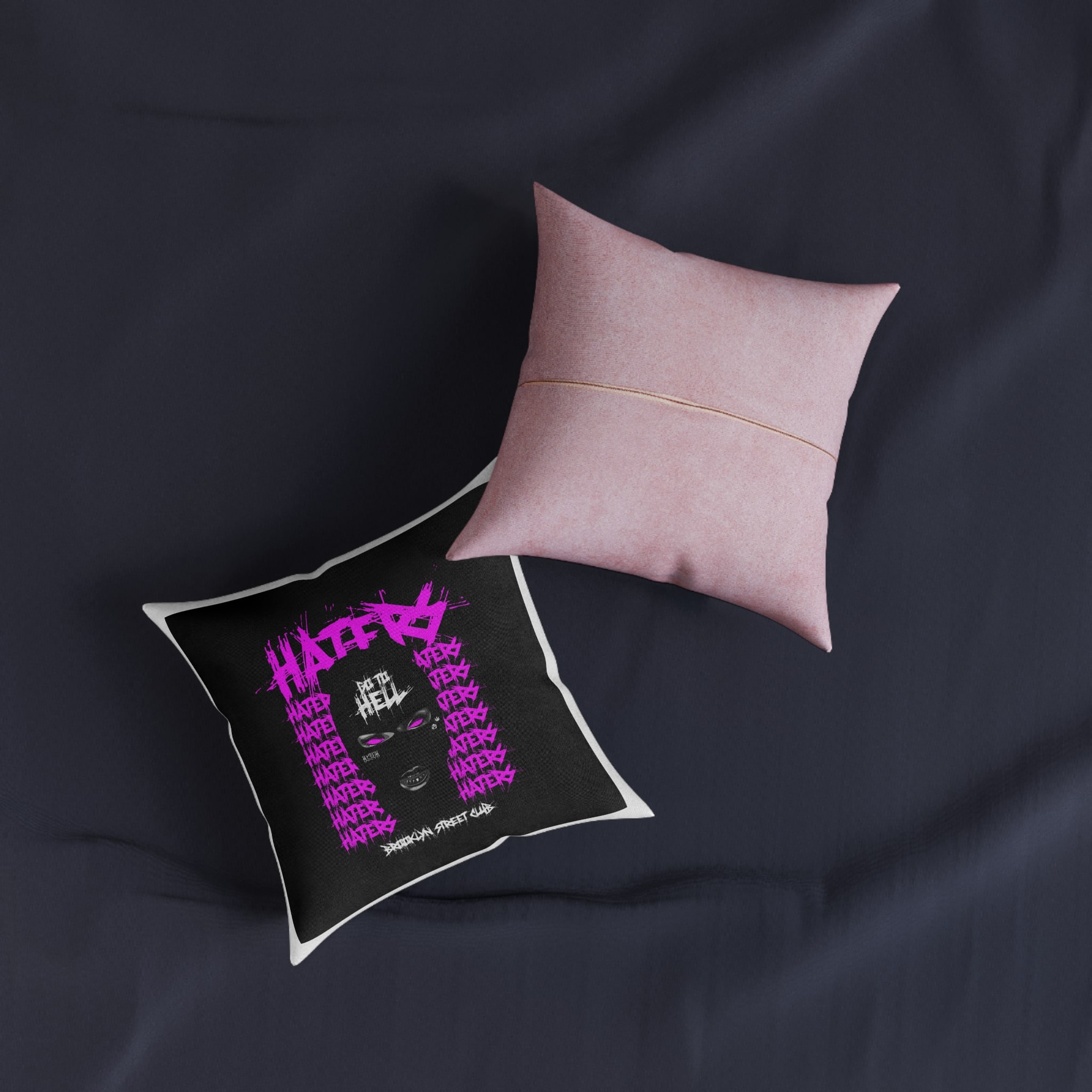 Haters Brooklyn Abstract Street Vintage Fashion Square Pillow Pink Back - Image 3