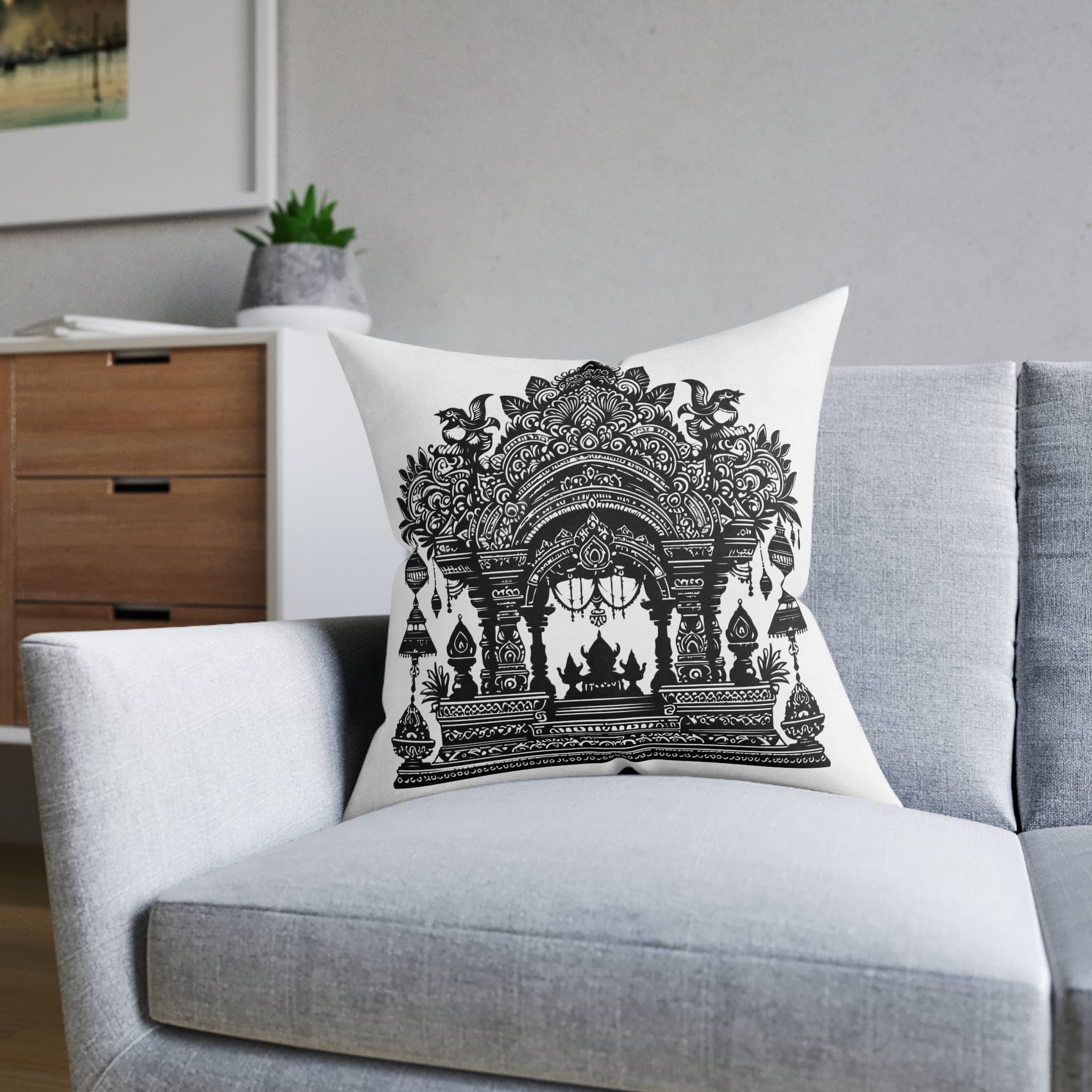 Intricate Puja Mandap Silhouettes Capturing Essence Festive Decor Black Colour Vactor (1) Square Pillow Pink Back - Image 12