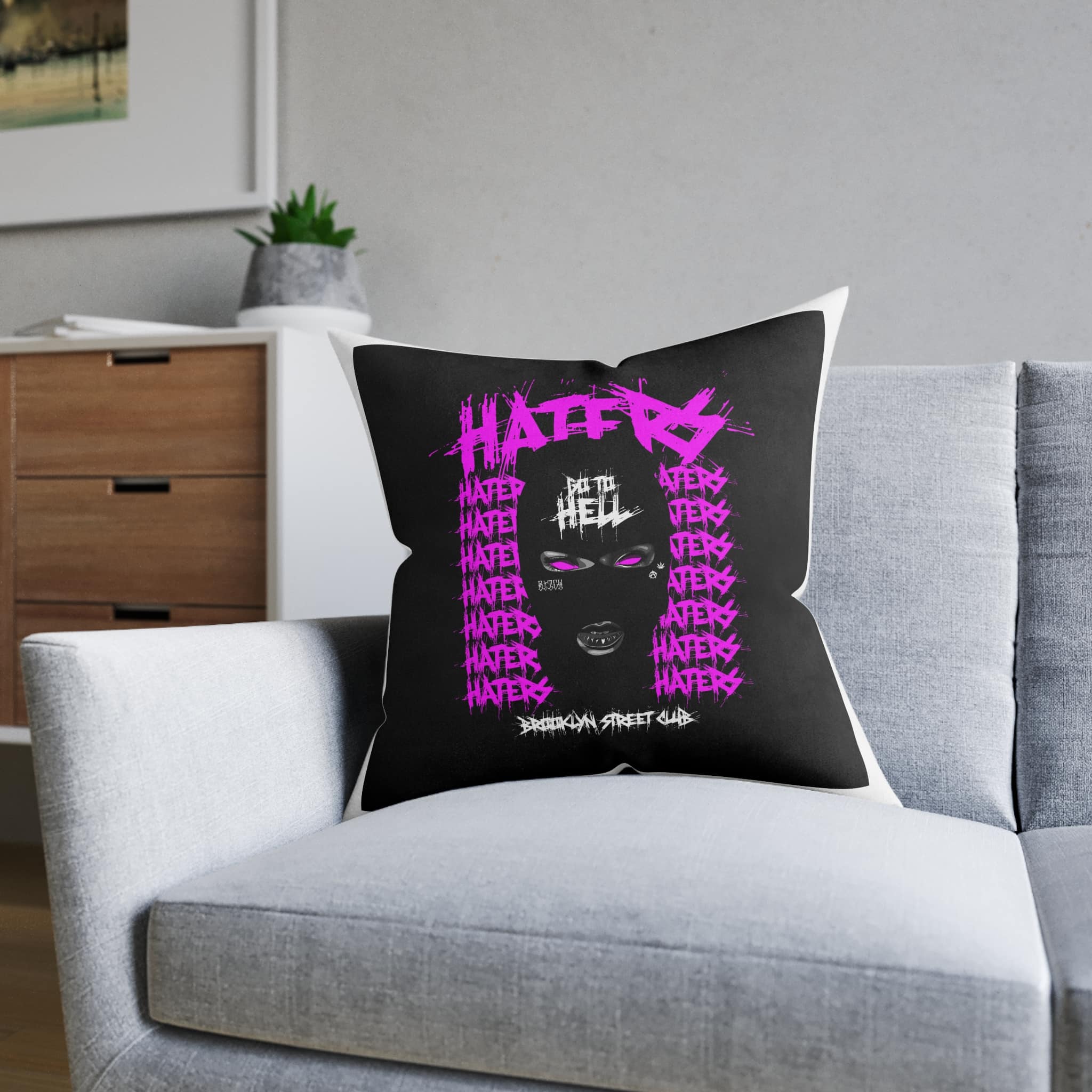 Haters Brooklyn Abstract Street Vintage Fashion Square Pillow Pink Back - Image 12