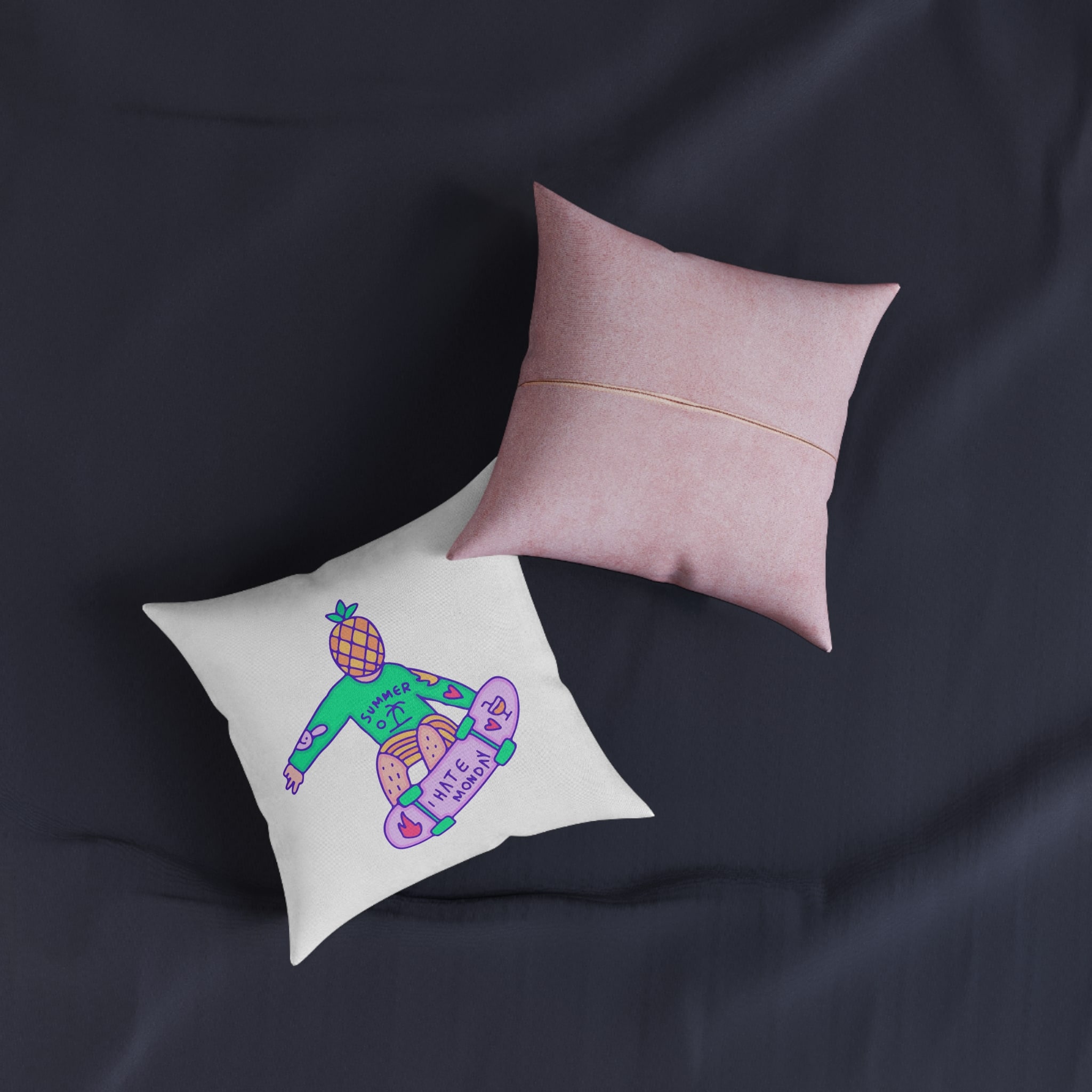 Cool Pineapple Boy Character Freestyle With Skateboard Illustration T Shirt Sticker Square Pillow Pink Back - Image 3