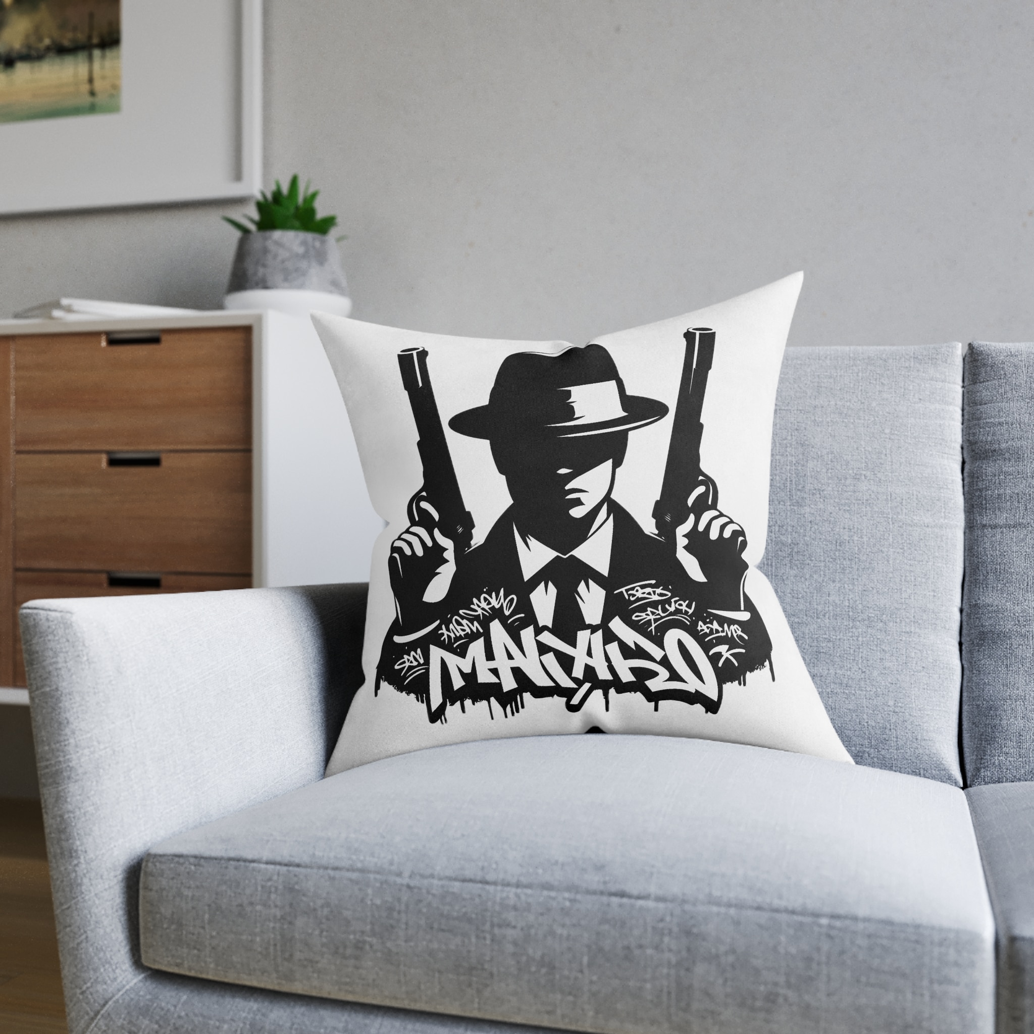 Mafia Gangster Silhouette People Graffiti Tag Hip Hop Street Art Typography Illustration Square Pillow Pink Back - Image 12