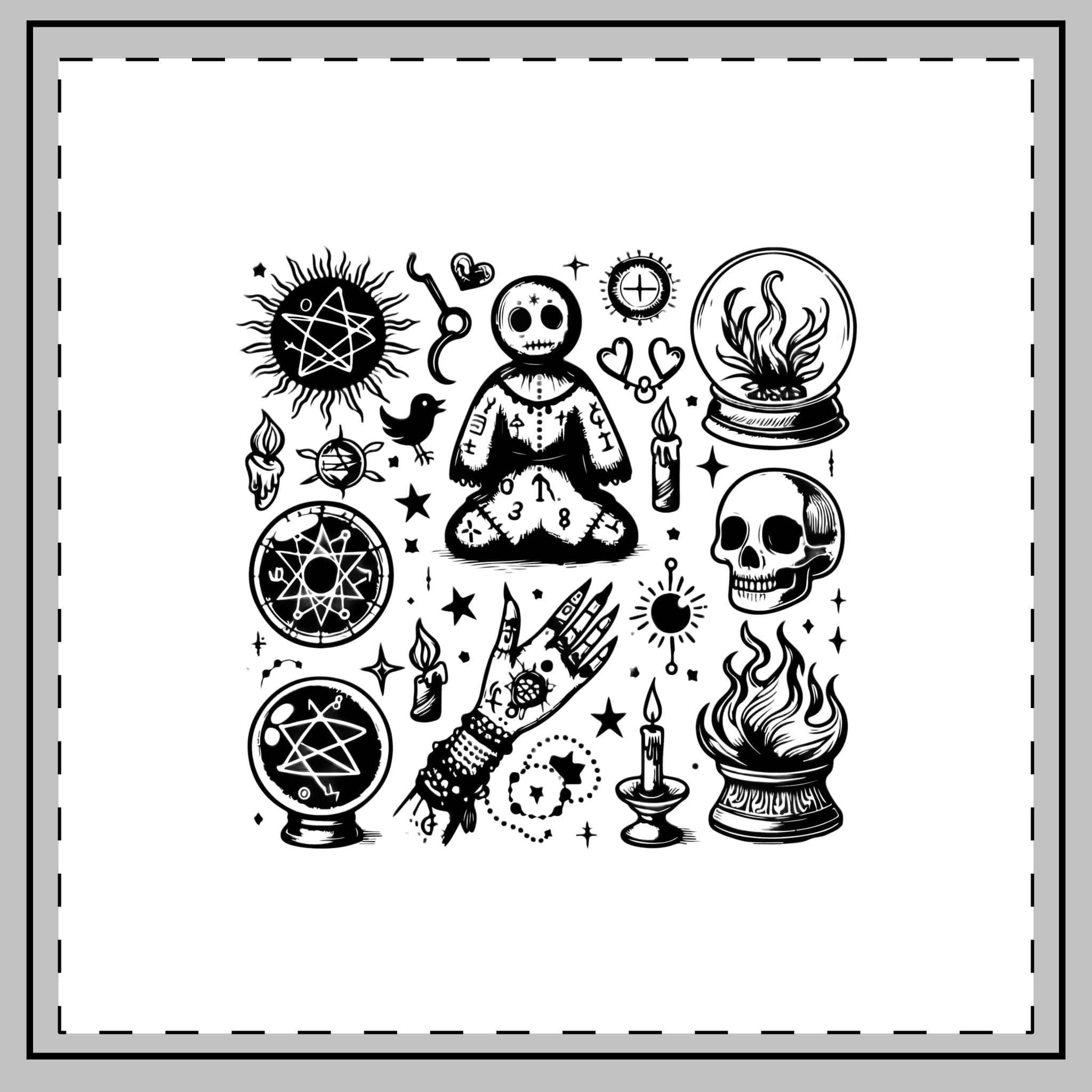 Set of Hand Drawn S of Voodoo Doll Crystal Ball and Clairvoyance Magic and Mystery Throw Pillow - Image 2