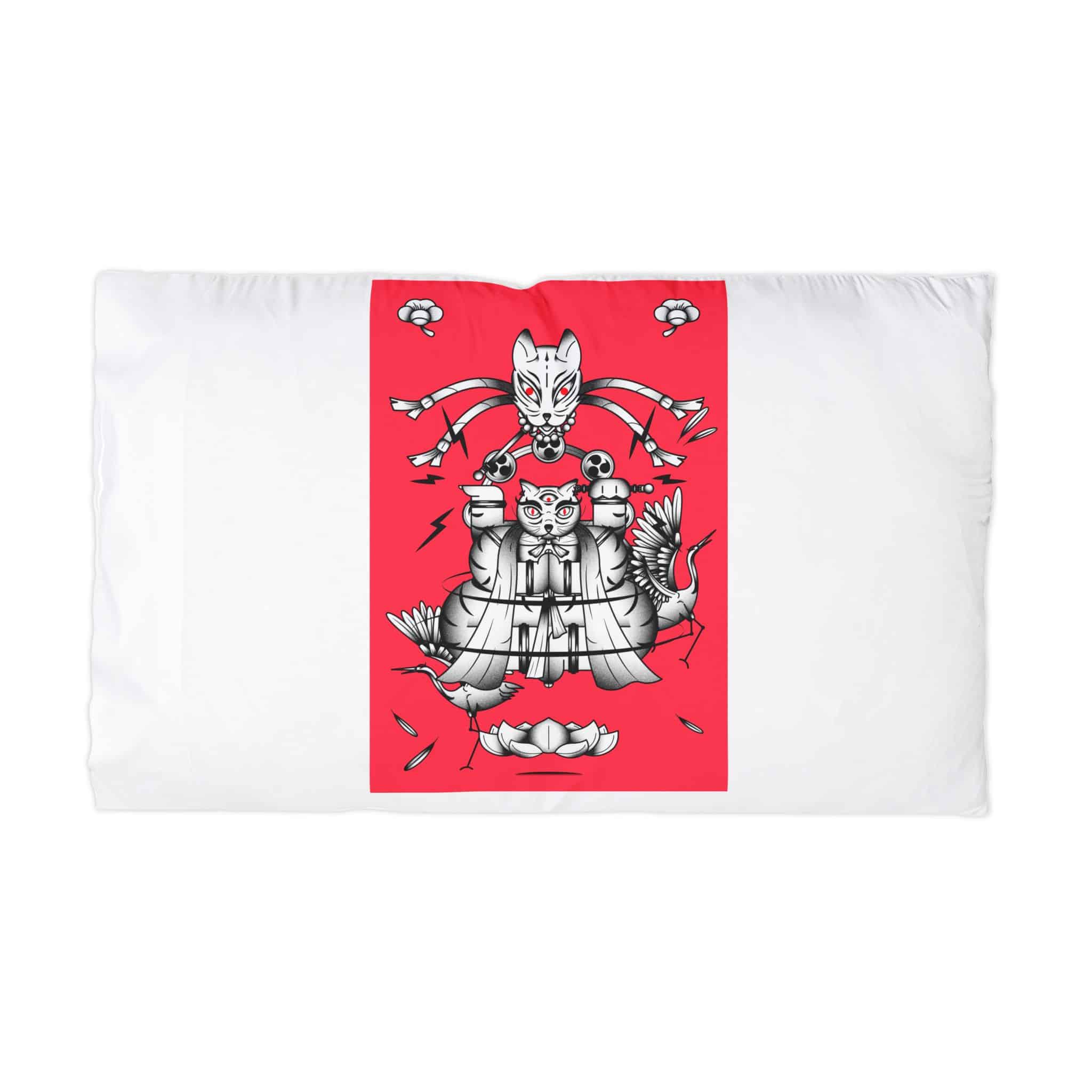 Bakeneko With Raijin Drums Japanese Monster Cat Element Redbackground Vector Microfiber Pillowcase