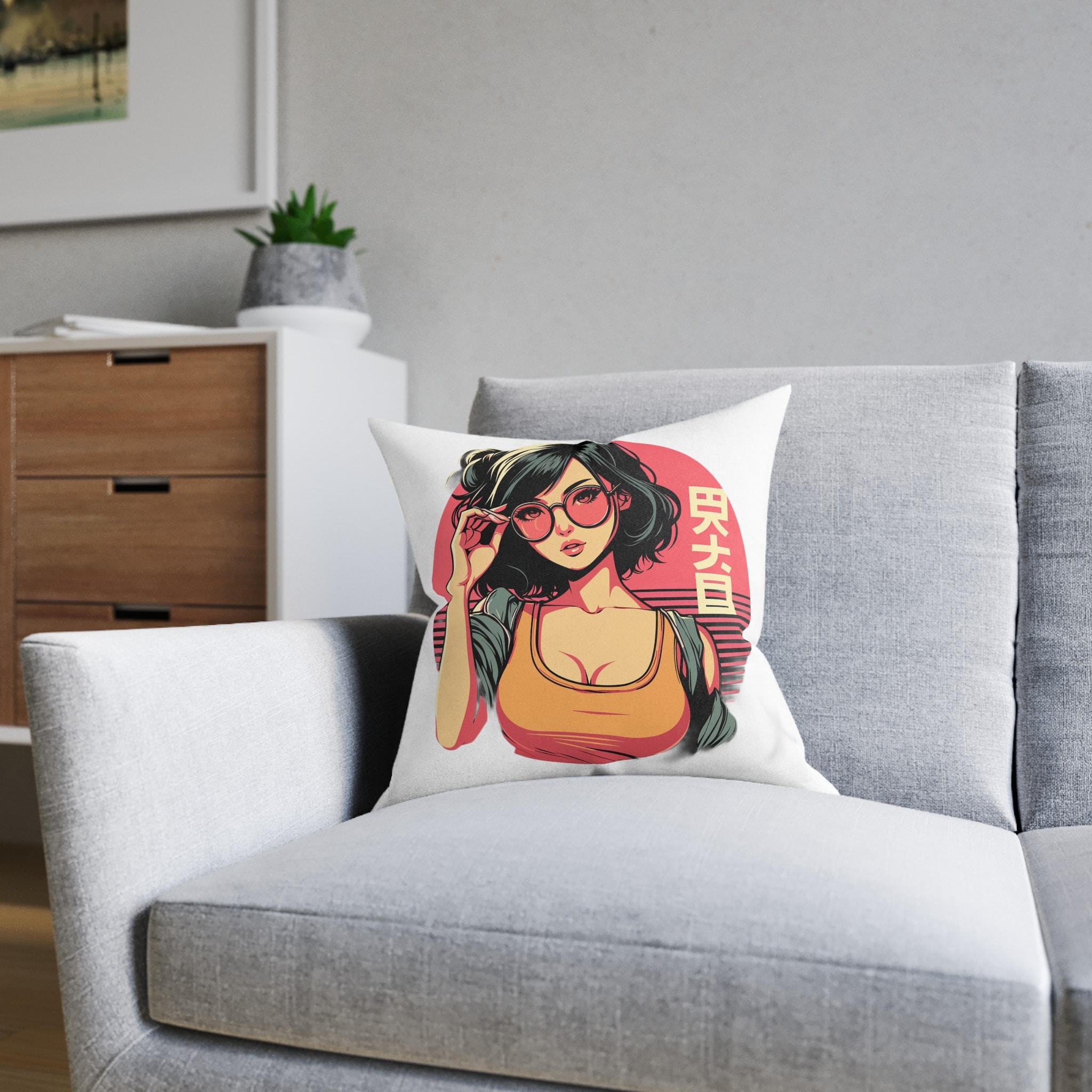 Stylish Lofi Girl Wearing Sunglasses Square Pillow Pink Back - Image 8