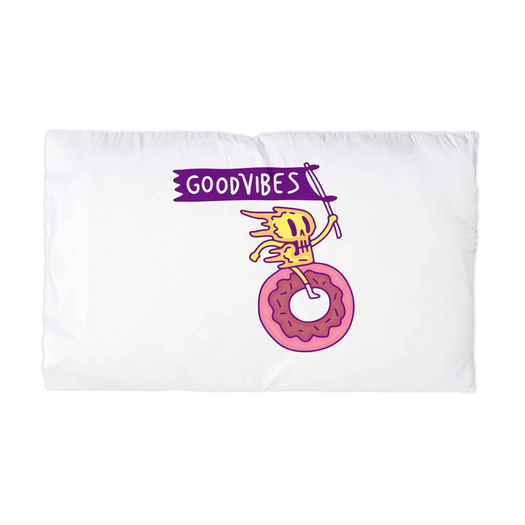 Cool Melted Skull Character Holding Flag Riding Donut Cartoon Illustration T Shirt Microfiber Pillowcase