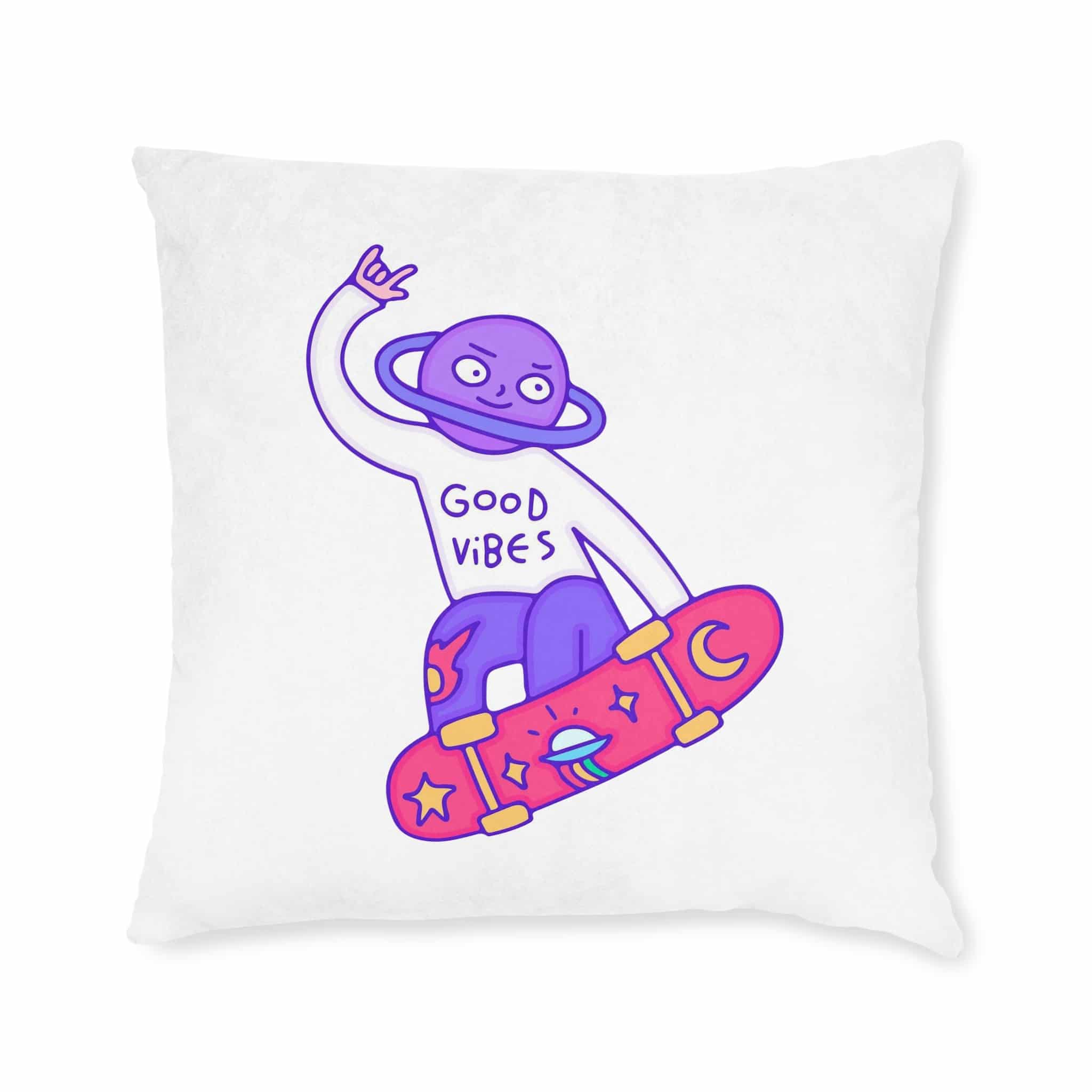 Cool Saturn Planet Character Freestyle With Skateboard Illustration T Shirt Sticker Square Pillow Pink Back - Image 9