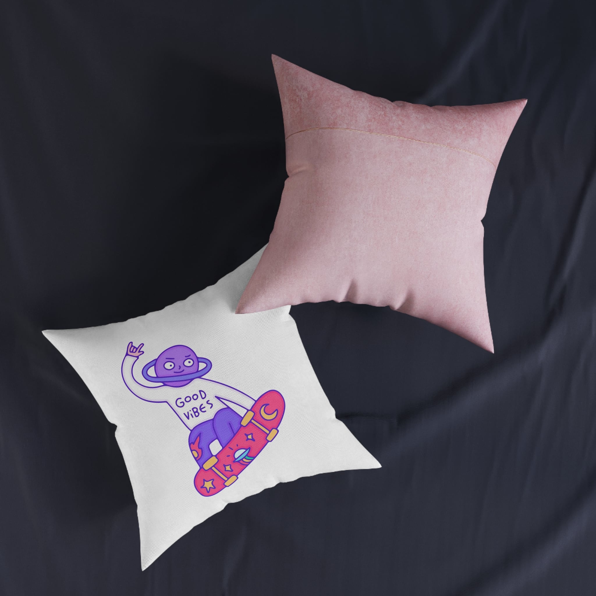 Cool Saturn Planet Character Freestyle With Skateboard Illustration T Shirt Sticker Square Pillow Pink Back - Image 11