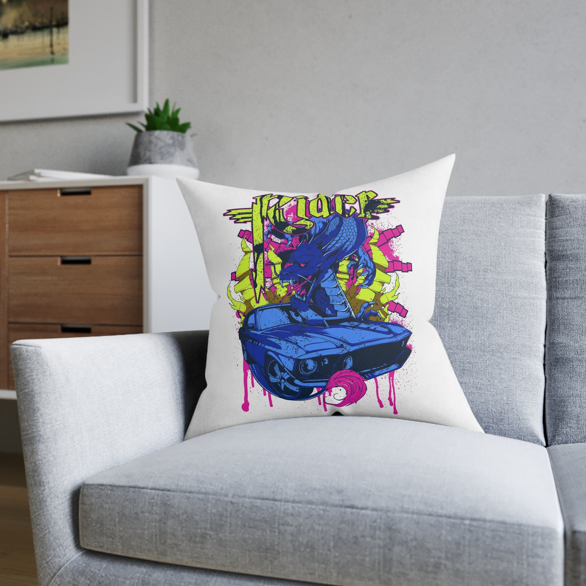 Vintage Car Attacked By Mad Dragon Square Pillow Pink Back - Image 12