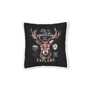 Expedition Slogan With Moose Head Badges Black Background Square Pillow Pink Back