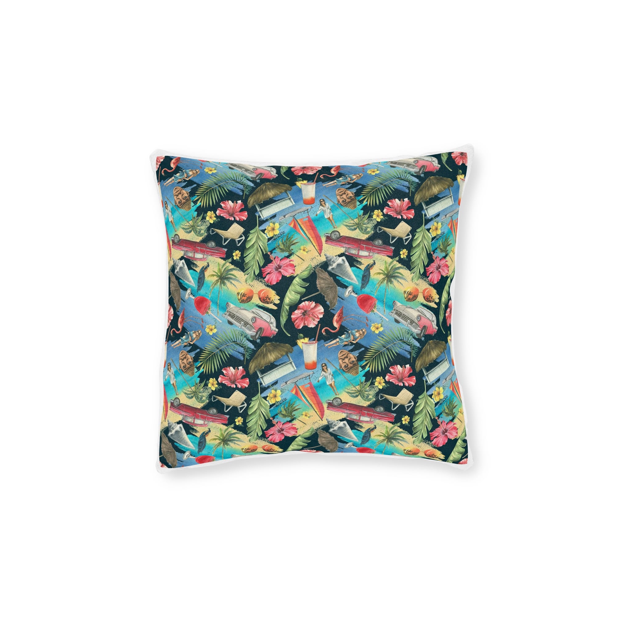 Tropical Cuban Bright Pattern Seamless Dark Background With Cocktails Palm Trees Retro Cars Pink Flamingos Seashells Watercolor Illustration From Large Cuba Set Square Pillow Pink Back