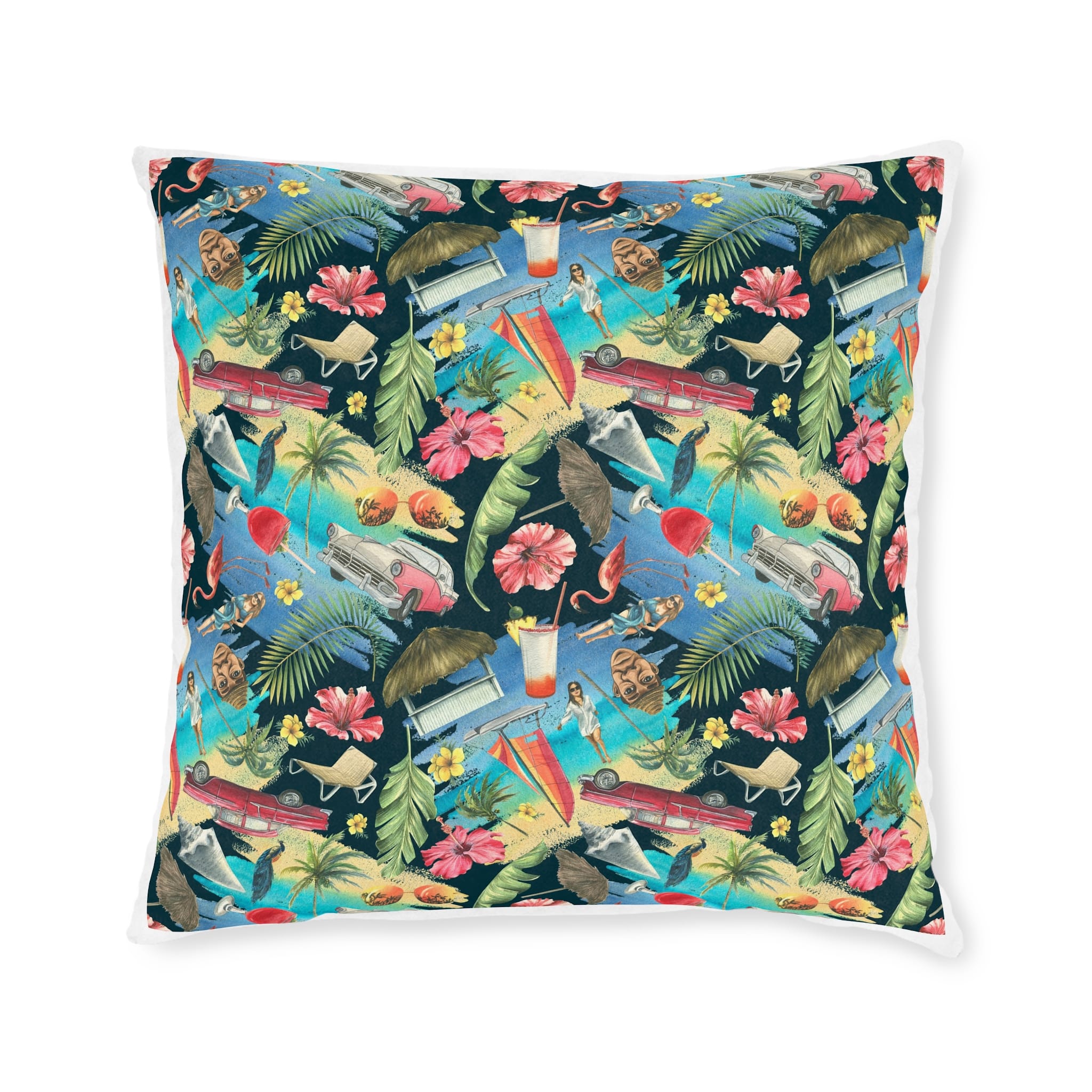 Tropical Cuban Bright Pattern Seamless Dark Background With Cocktails Palm Trees Retro Cars Pink Flamingos Seashells Watercolor Illustration From Large Cuba Set Square Pillow Pink Back - Image 9
