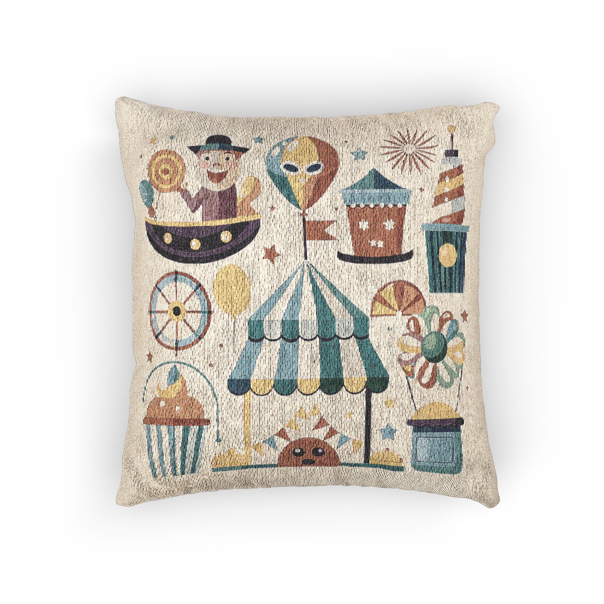 Colorful Cartoon Illustration Various Carnival Circus Elements Including Clown Ferris Wheel Tent Bal Woven Pillow - Image 3