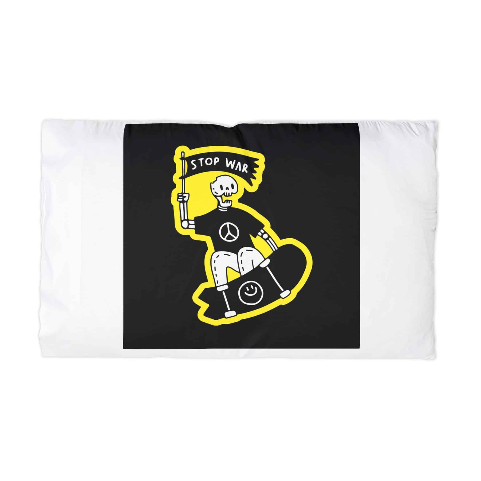 Cool Skeleton Freestyle With Skateboard Holding Flag With Stop War Typography Illustration Microfiber Pillowcase