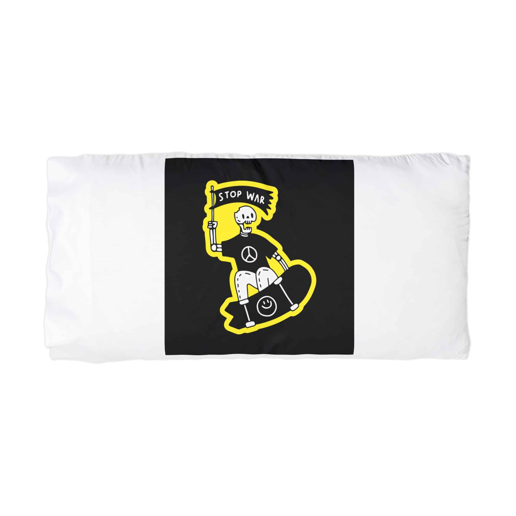 Cool Skeleton Freestyle With Skateboard Holding Flag With Stop War Typography Illustration Microfiber Pillowcase - Image 3