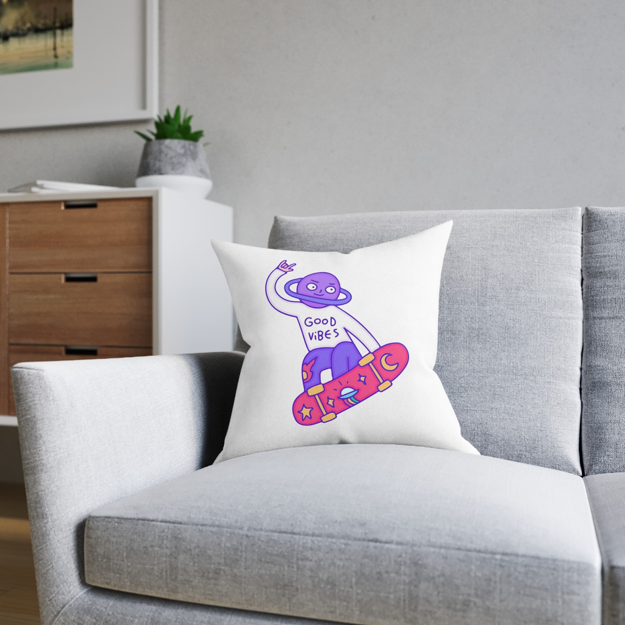 Cool Saturn Planet Character Freestyle With Skateboard Illustration T Shirt Sticker Square Pillow Pink Back - Image 8
