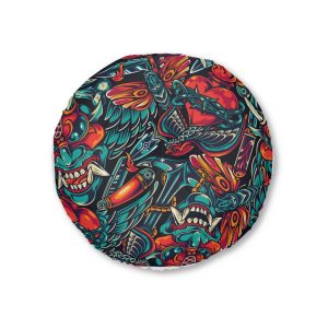 Vintage Tattoos Colorful Seamless Pattern Tufted Floor Pillow Round