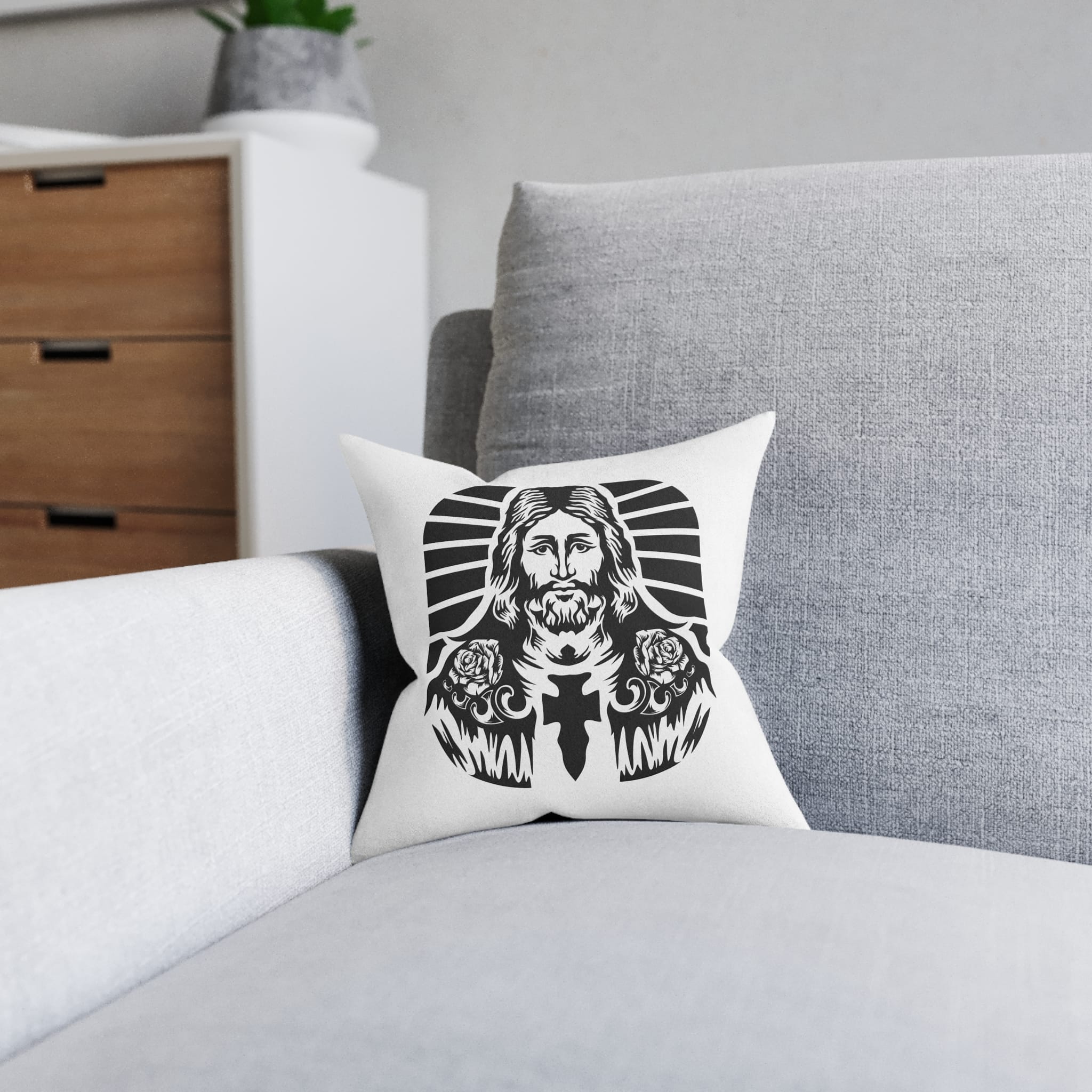 Hand Drwan Jesus Design Vector Square Pillow Pink Back - Image 4