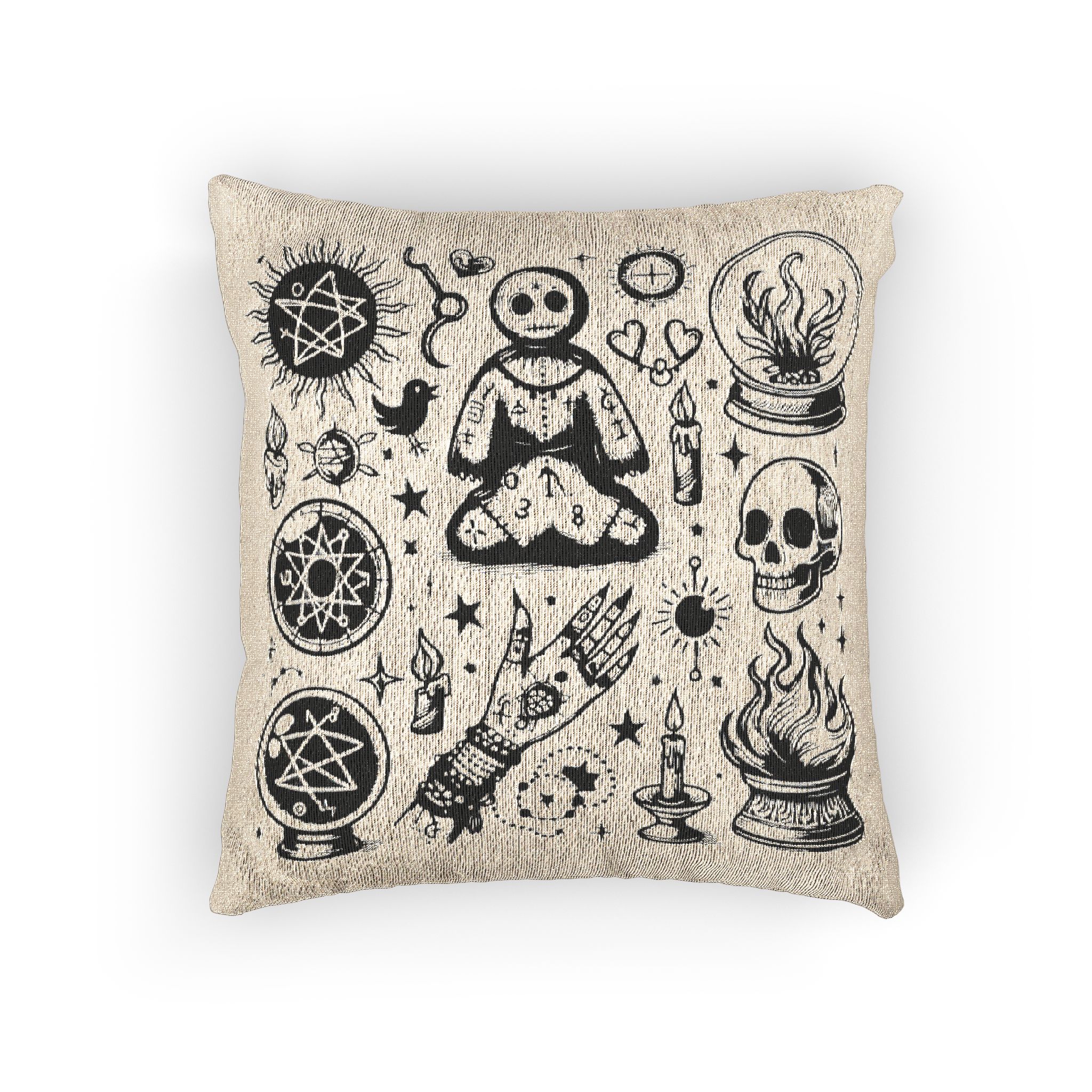 Set of Hand Drawn S of Voodoo Doll Crystal Ball and Clairvoyance Magic and Mystery Woven Pillow - Image 3