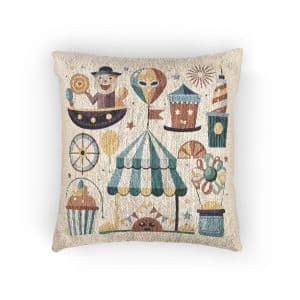 Colorful Cartoon Illustration Various Carnival Circus Elements Including Clown Ferris Wheel Tent Bal Woven Pillow