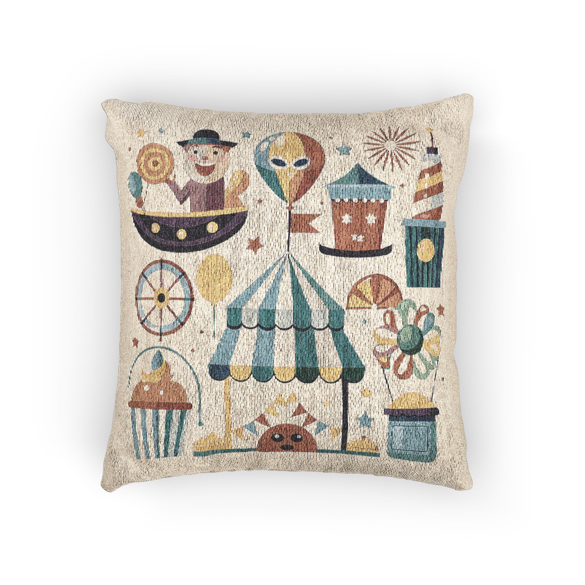Colorful Cartoon Illustration Various Carnival Circus Elements Including Clown Ferris Wheel Tent Bal Woven Pillow