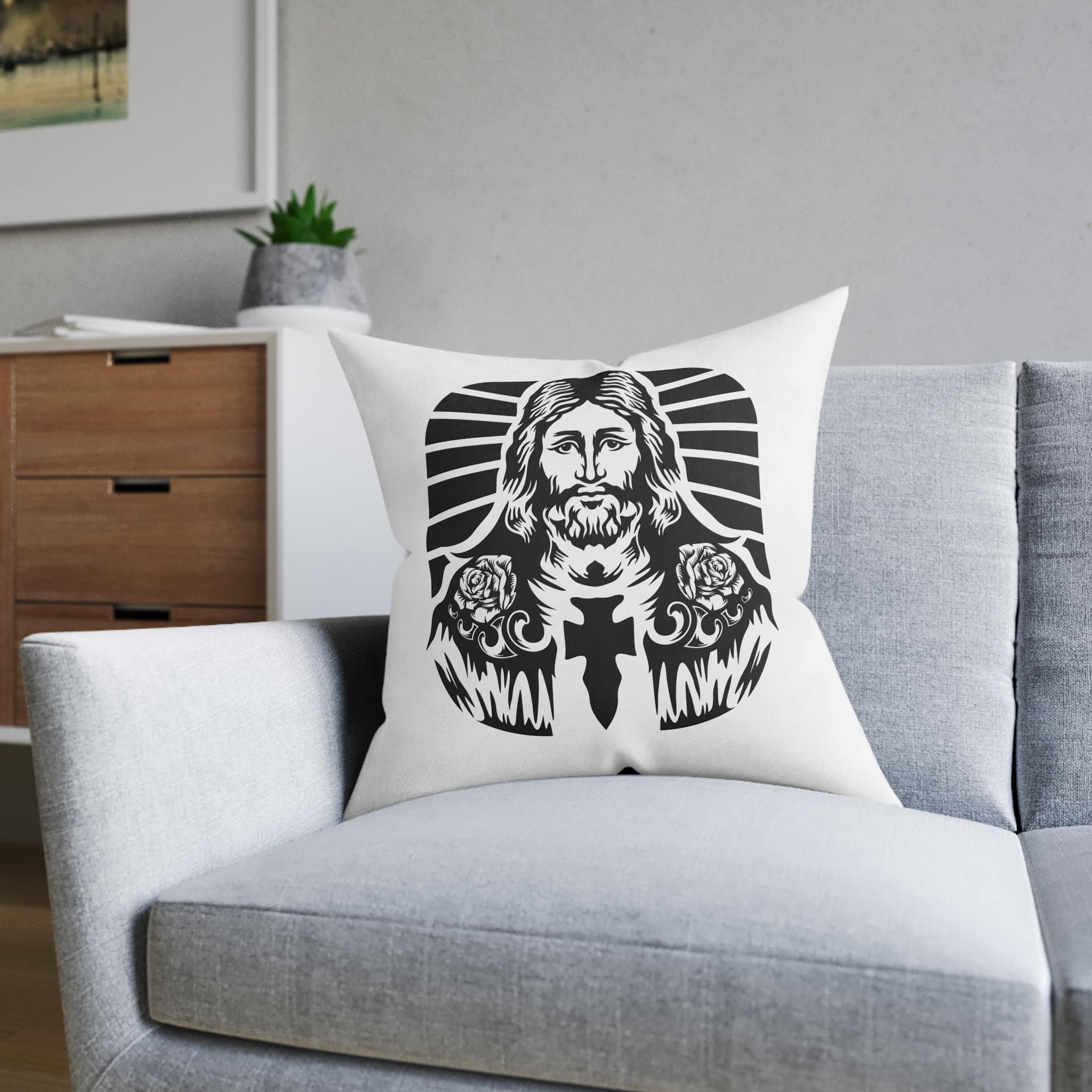 Hand Drwan Jesus Design Vector Square Pillow Pink Back - Image 12