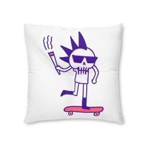Cool Punk Skull With Cigarette Riding Skateboard Doodle Art Illustration T Shirt Sticker Tufted Floor Pillow Square