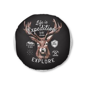 Expedition Slogan With Moose Head Badges Black Background Tufted Floor Pillow Round