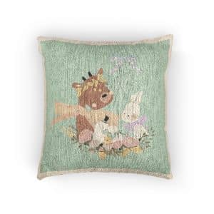 Cartoon Illustration With Cute Deer Rabbit Birds Woven Pillow