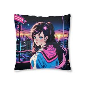 Girl With Pink Bow Is Standing Front Cityscape Tufted Floor Pillow Square