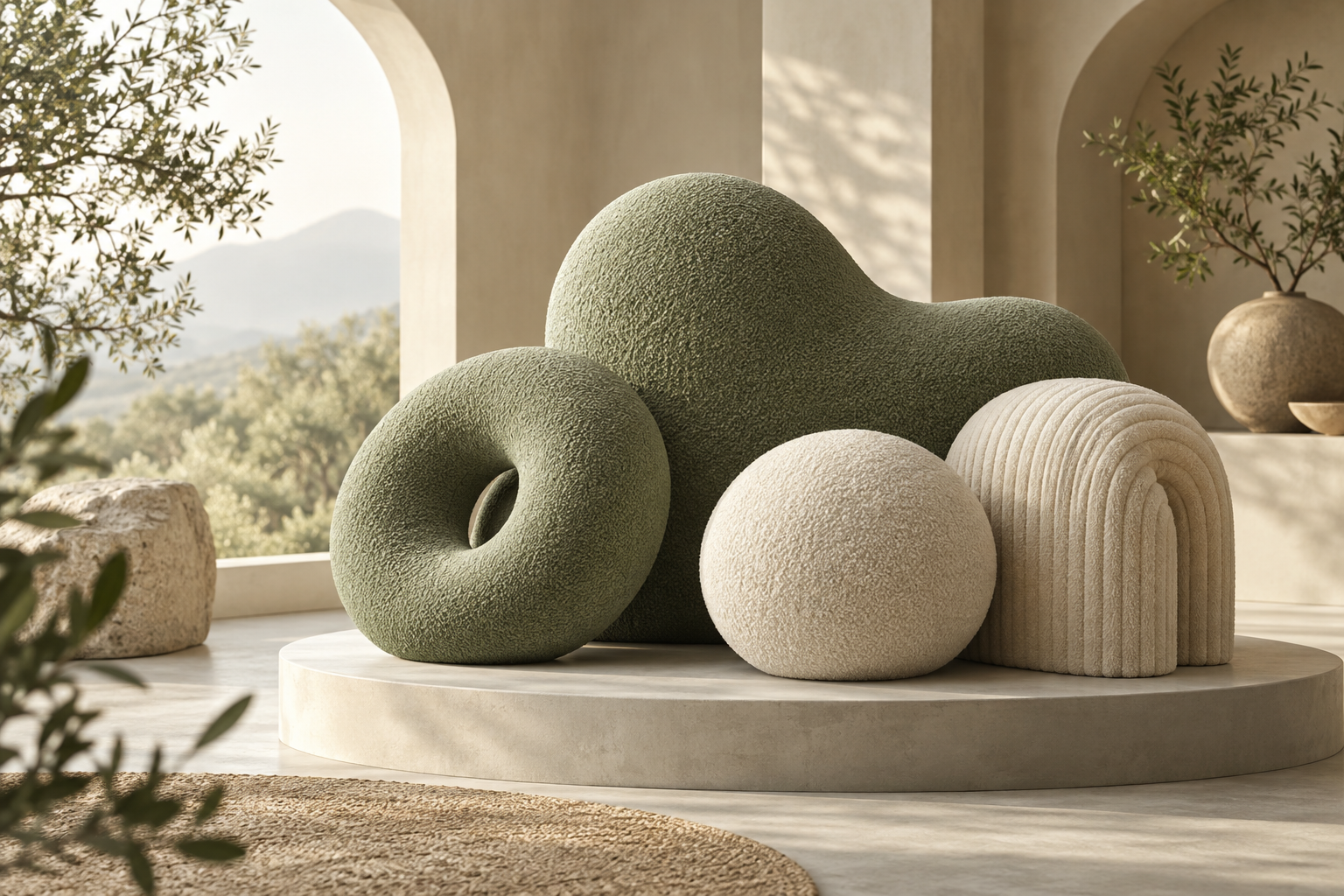 rounded sage and cream textile sculptures on warm minimal interior platform, soft daylight, no actual pillows for sale